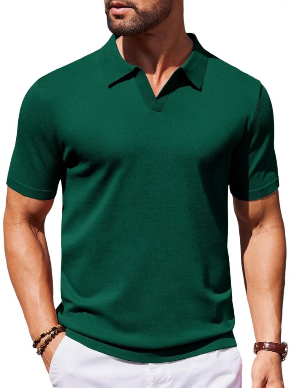 Men's Green 100% Polyester V Neck Short Sleeve Stretch Knit Polo Shirt